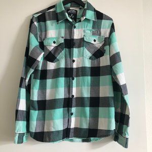 Vans Green, White, Black Plaid Flannel Button-Up Shirt, Medium